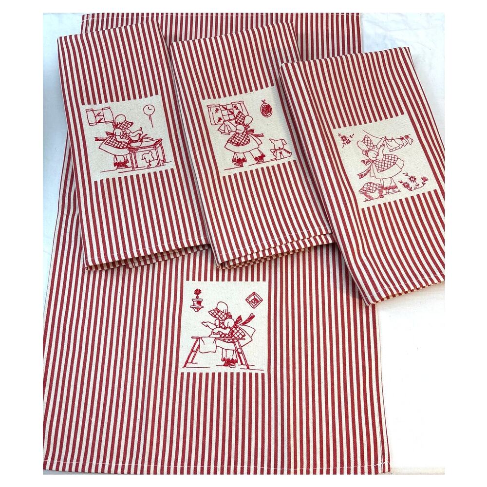 Red/Natural French Ticking Style Striped Tea Towel/Placemat Set of 4 Needlepoint